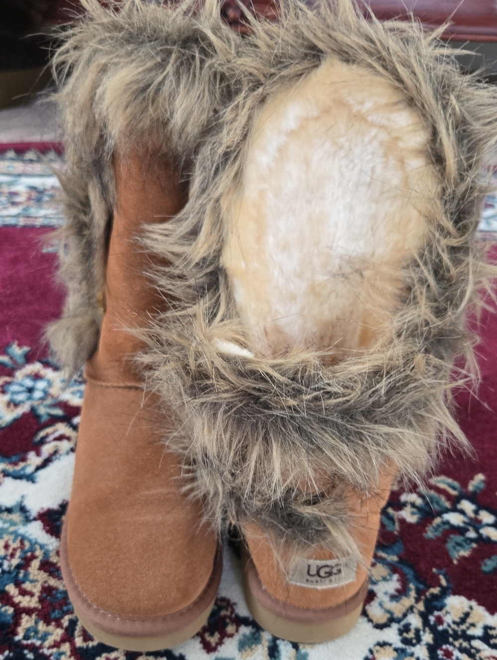 UGG Chestnut Faux Fur Trim Cozy Slip-On Boot Slippers